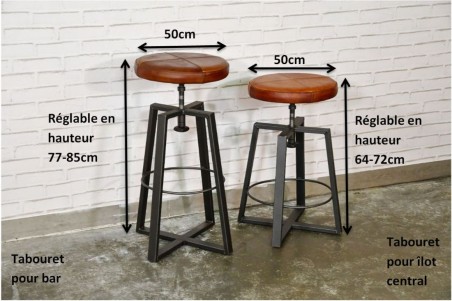 OTHIS - Tabouret en cuir cognac sombre - métal laqué gris