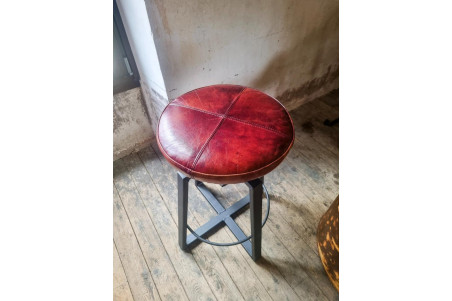 OTHIS - Tabouret en cuir cognac sombre - métal laqué gris