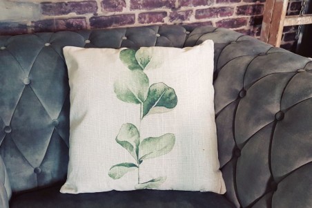 coussin lin végétal 45x45 beige feuille   verte décoration végétale style tropical