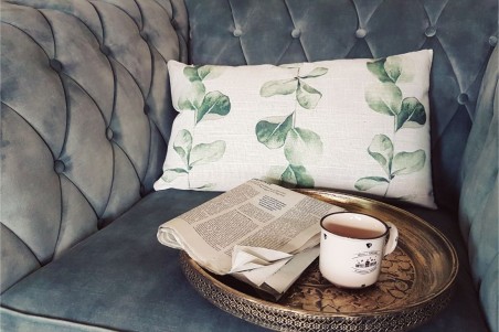 coussin lin végétal 50x30 rectangle beige feuilles vertes décoration végétale style tropical