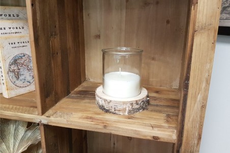 Bougie Rondin, contenant verre avec socle en bois