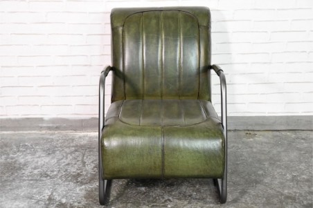 Fauteuil cuir vert armée vintage design métal  style indus déco loft