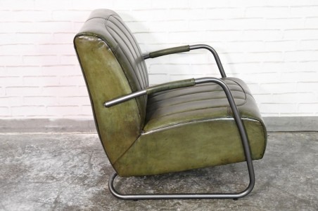 Fauteuil cuir vert armée vintage design métal  style indus déco loft