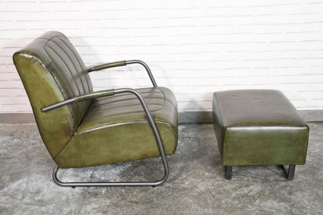 Fauteuil et repose pieds cuir vert armée vintage design métal  style indus déco loft