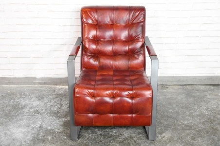 Fauteuil en cuir rouge couleur cognac sombre  vintage design métal déco indus loft