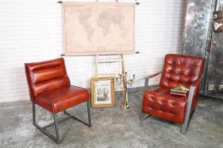 Fauteuil en cuir rouge couleur cognac sombre  vintage design métal déco indus loft
