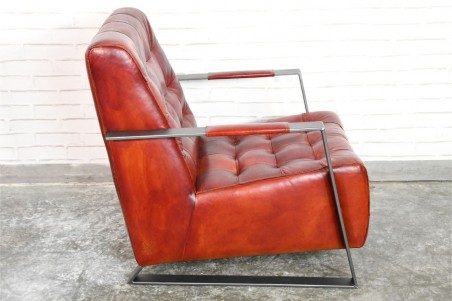 Fauteuil en cuir rouge couleur cognac sombre  vintage design métal déco indus loft