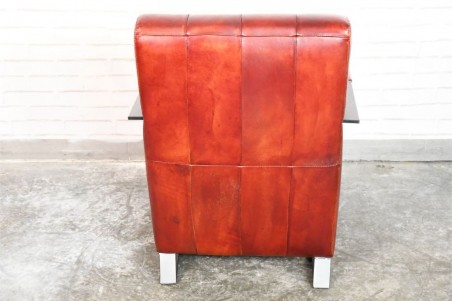 Fauteuil en cuir rouge couleur cognac sombre  vintage design métal déco indus loft