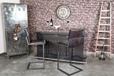 Chaise de bar cuir noir cuba vintage design quadrillé pieds métal piétement acier style industriel déco indus loft