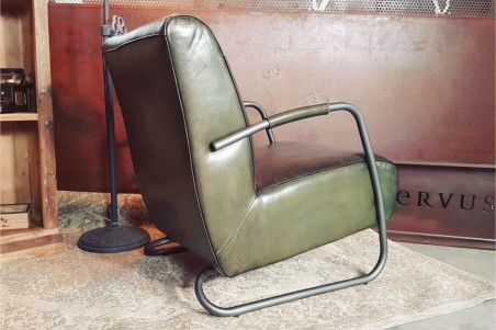 Fauteuil vintage en cuir vert armée design voiture ancienne