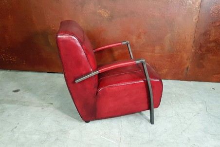 Fauteuil cuir bordeaux tache de vin vintage design métal style indus déco loft