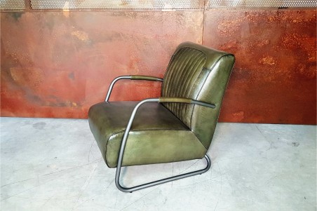 Fauteuil vintage en cuir vert armée design voiture ancienne