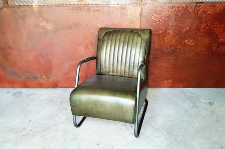 Fauteuil vintage en cuir vert armée design voiture ancienne