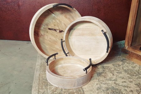 Plateaux rond en bois de manguier avec poignées métal