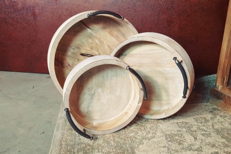 Plateaux rond en bois de manguier avec poignées métal